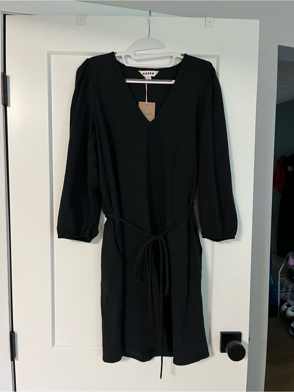 Boden Black V-Neck Tie-Waist Midi Dress